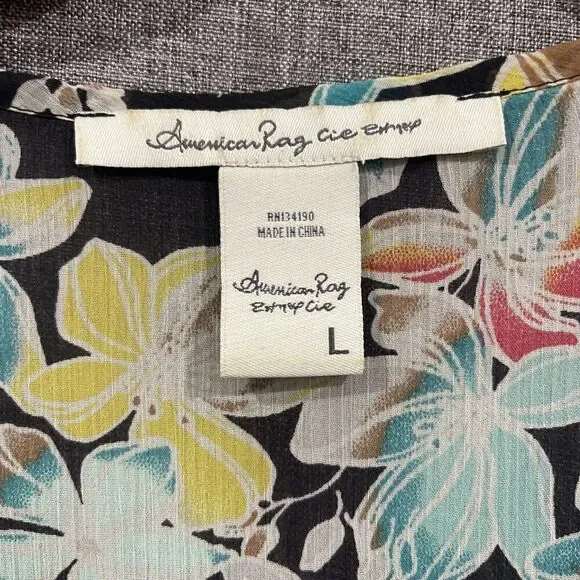 American Rag Women Sz L Black Sheer Floral Bouse Round Tie Neck Balloon Sleeve - Picture 2 of 11